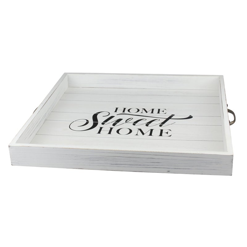 Stonebriar Square Worn White Home Sweet Home Decorative Wooden Tray with Metal Handles - Image 2